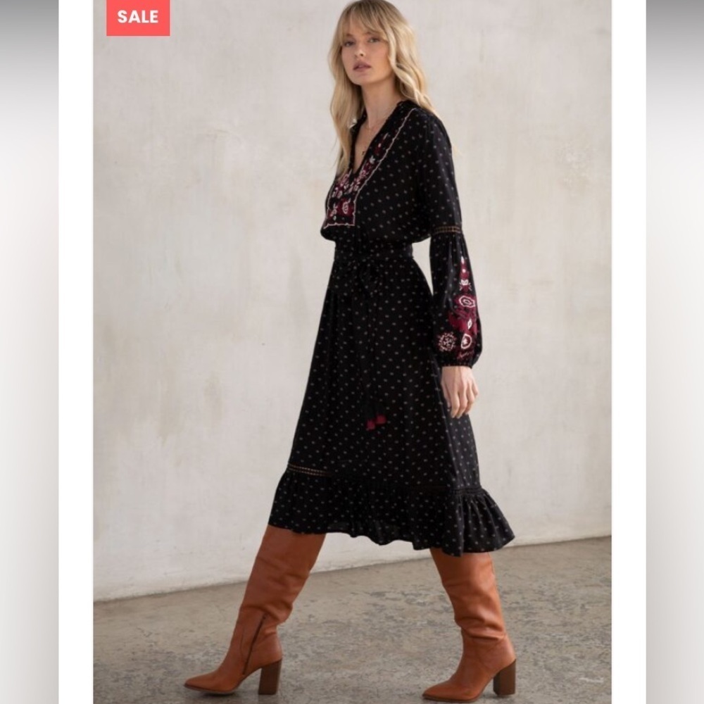 Lovestitch Keita Embroidered Dress Small black maroon white tie waist midi